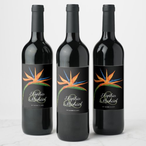 Tropical Bird of Paradise on Black Wine Label