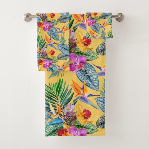 Tropical Bird Of Paradise  Orchid Summer Garden  Bath Towel Set