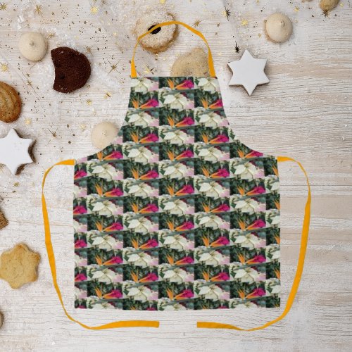 Tropical Bird of Paradise Plant and Poinsettias Apron