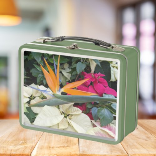 Tropical Bird of Paradise Plant and Poinsettias Metal Lunch Box
