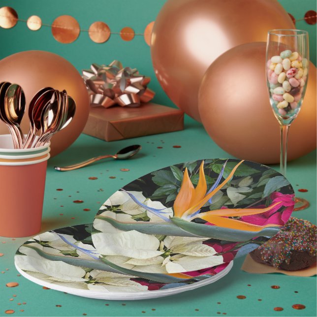 Tropical Bird of Paradise Plant and Poinsettias Paper Plates (Multi)