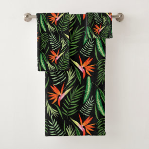 Tropical Bird of Paradise Plant & Ferns on Black Bath Towel Set