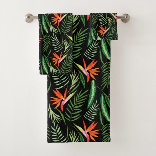 Tropical Bird of Paradise Plant  Ferns on Black Bath Towel Set