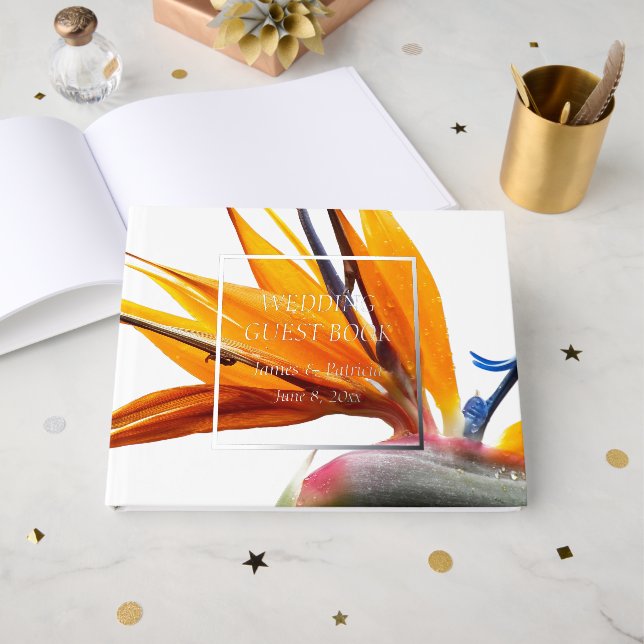 Tropical Bird of Paradise Plant Floral Wedding Foil Guest Book (Front Open)