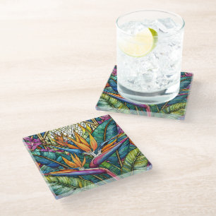 Tropical Bird of Paradise Stained glass art Coaster