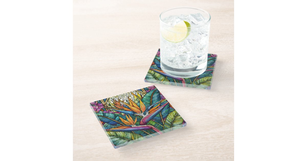 Tropical Bird of Paradise Stained glass art Coaster | Zazzle