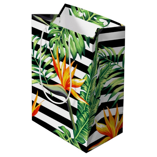Tropical Bird of Paradise Stripes Medium Gift Bag (Back Angled)