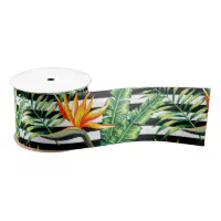 Pink and Green tropical print on 5/8 white single face satin ribbon, 10  yards