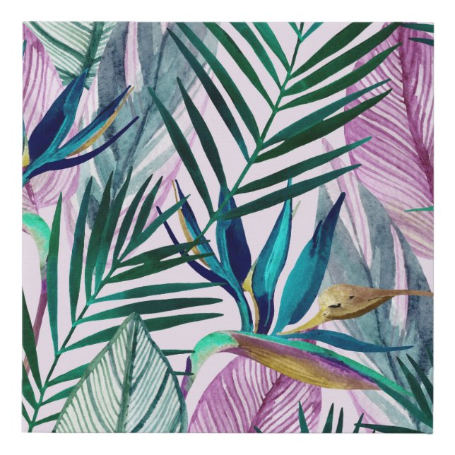 Tropical bird-of-paradise, watercolor pattern faux canvas print (Front)
