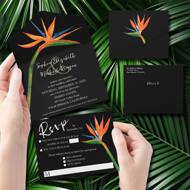 Tropical Bird of Paradise Wedding All In One Invitation (All in one wedding invitation with tear off RSVP card and guest's mailing address space on the front)