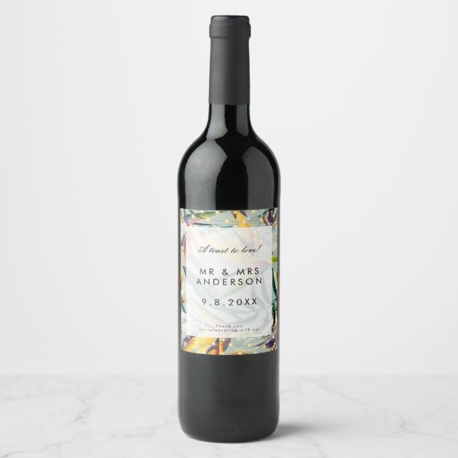 Tropical bird of paradise wedding party bottle wine label (Front)