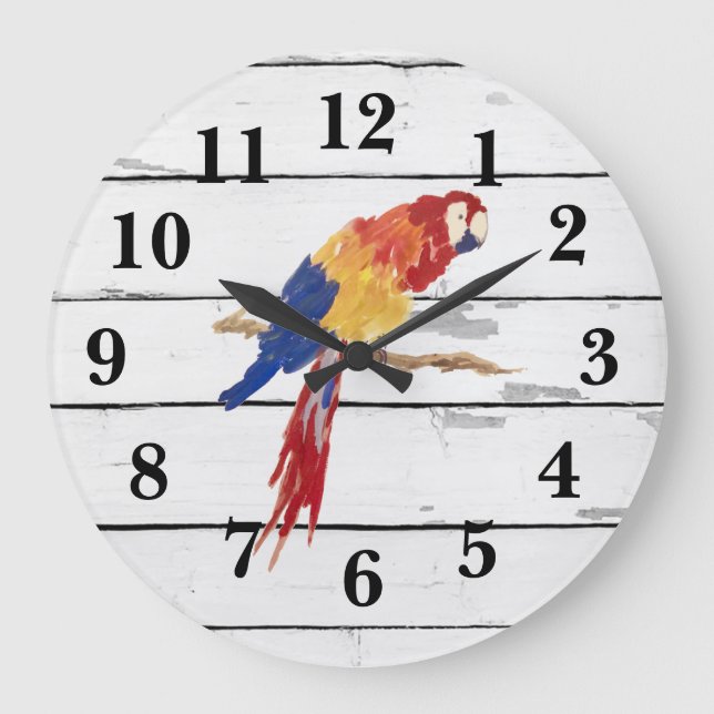 Tropical Bird Painting Shiplap Rustic Decor Large  Large Clock (Front)