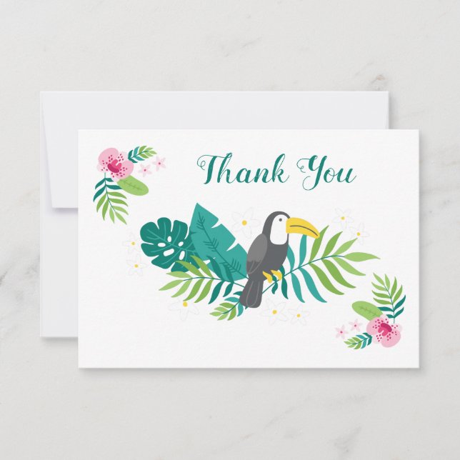 Tropical bird toucan, exotic flowers and leaves thank you card (Front)