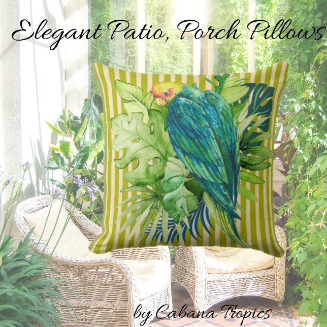 Tropical Bird Tropical Leaves Lemon Lime Stripes Throw Pillow (Creator Uploaded)