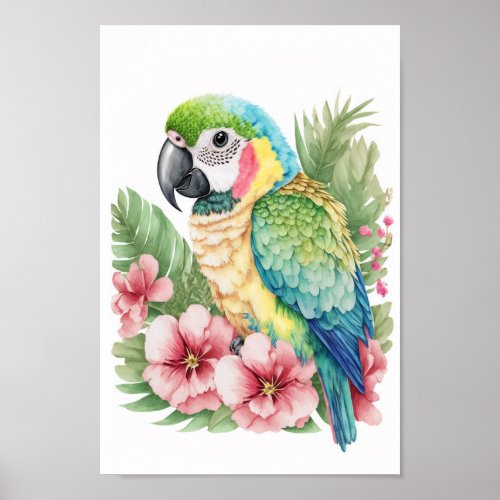 Tropical bird wall art macaw with flowers print 