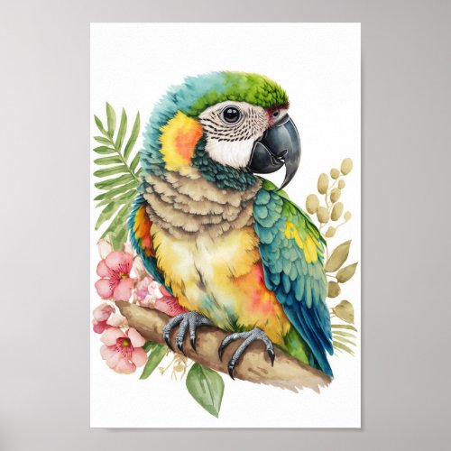 Tropical bird wall art macaw with flowers print 