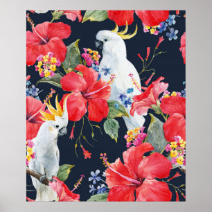 Tropical Bird Watercolor Red Hibiscus Flower Poster