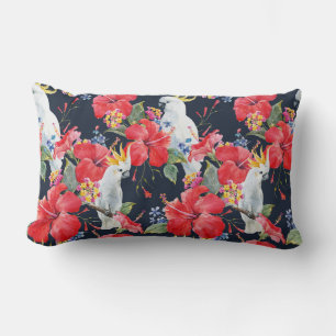 Tropical Bird Watercolor Red Hibiscus Flowers Lumbar Pillow