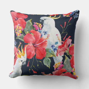 Tropical Bird Watercolor Red Hibiscus Flowers Throw Pillow