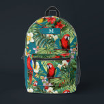 Tropical Birds and Flowers Custom Monogram Name Printed Backpack<br><div class="desc">Dive into tropical paradise with the "Tropical Birds and Flowers Custom Monogram Name Printed Backpack." This vibrant backpack features an eye-catching design of lush tropical flowers, palm leaves, and stunning red macaws set against a rich turquoise background. The lively pattern brings a splash of exotic charm to your everyday routine,...</div>