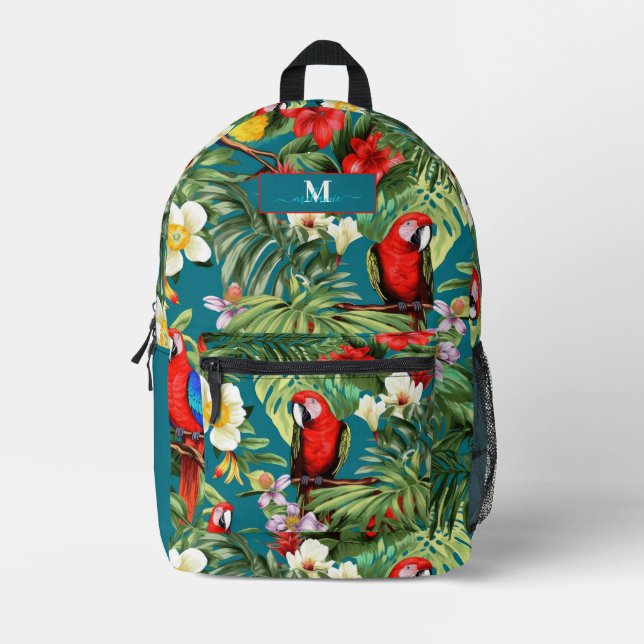 Tropical Birds and Flowers Custom Monogram Name Printed Backpack (Front)