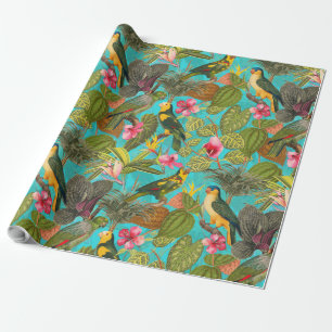 Tropical birds and flowers in Jungle pattern -teal Wrapping Paper