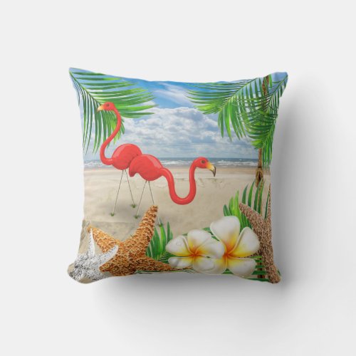 Tropical Birds at the Beach Throw Pillow