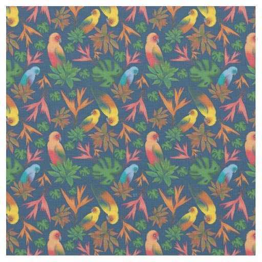 Tropical Birds Blue Floral Pattern Fabric
