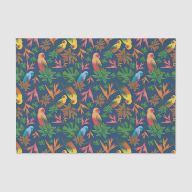 Tropical Birds Blue Floral Pattern Tissue Paper (Front)