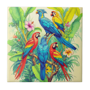 Tropical Birds Botanical Illustration Ceramic Tile