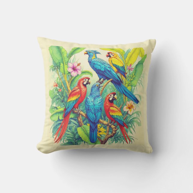 Tropical Birds Botanical Illustration Outdoor Pillow (Front)