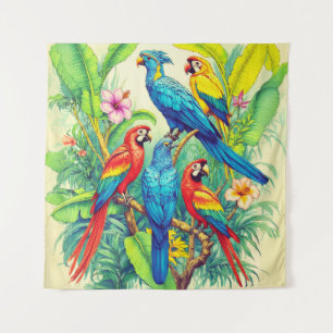 Tropical Birds Botanical Illustration Tapestry