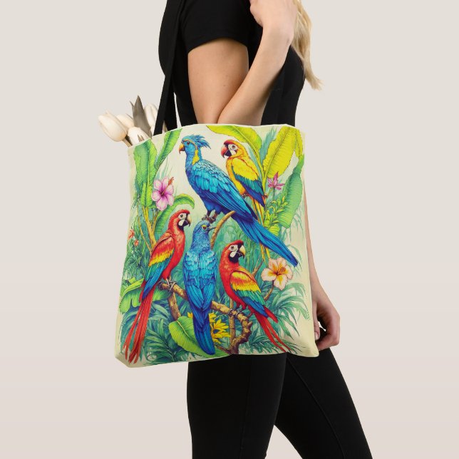 Tropical Birds Botanical Illustration Tote Bag (Close Up)