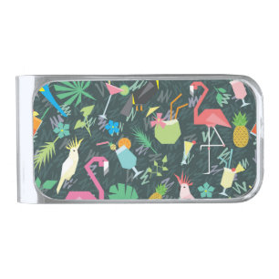 Tropical Birds Drinks: Vibrant Seamless. Silver Finish Money Clip