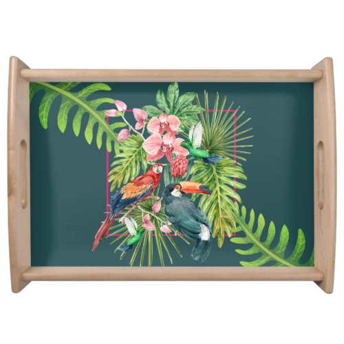 Tropical birds exotic flowers green_dark green  serving tray