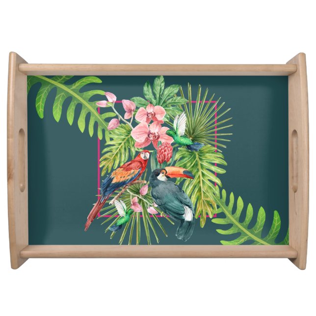 Tropical birds exotic flowers green-dark green  serving tray (Front)