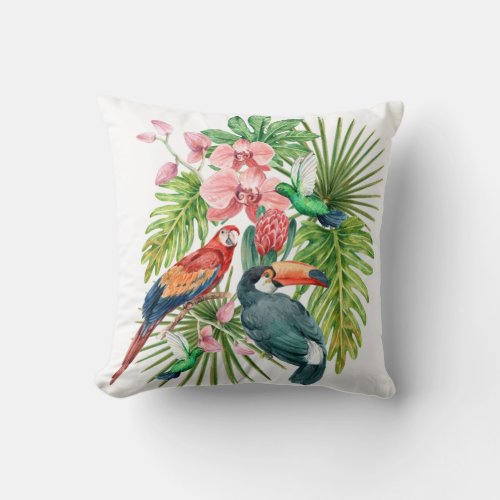 Tropical birds exotic flowers green white throw pillow