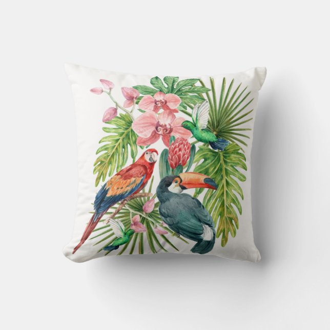 Tropical birds exotic flowers green white throw pillow (Front)