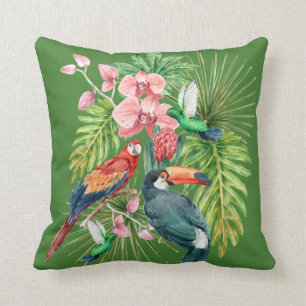 Tropical birds exotic flowers green white throw pillow