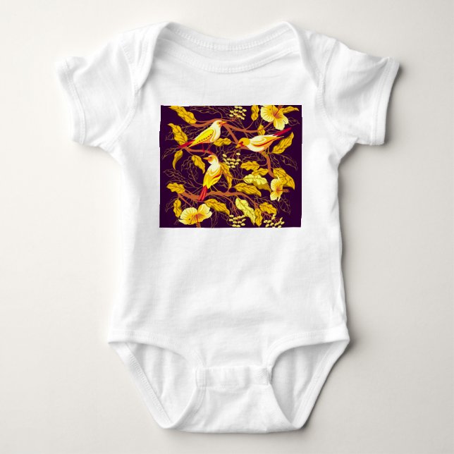 Tropical Birds Exotic Flowers Illustration Baby Bodysuit (Front)