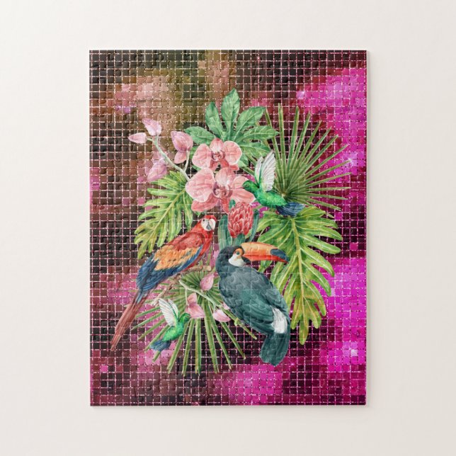 Tropical birds exotic flowers pink purple glam  jigsaw puzzle (Vertical)