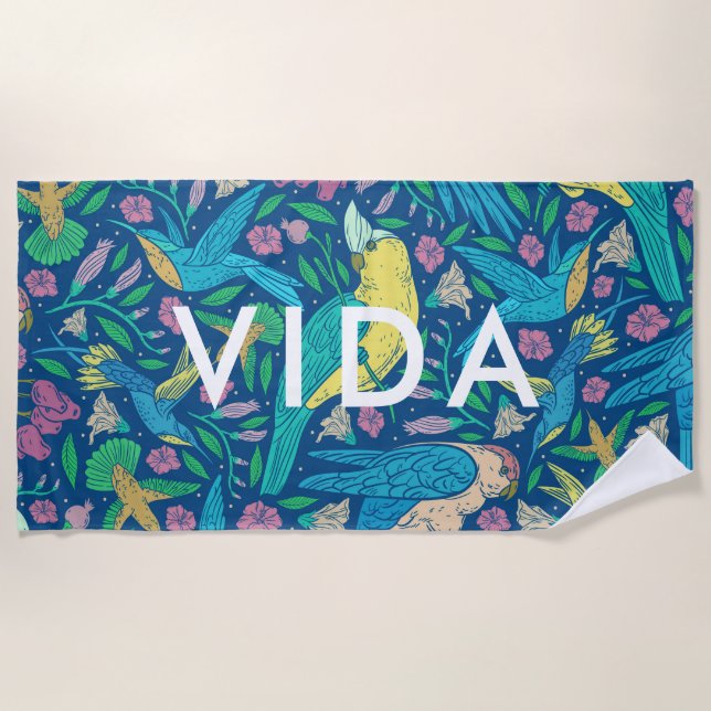 Tropical Birds & Flowers Colorful Pattern Beach Towel (Front)