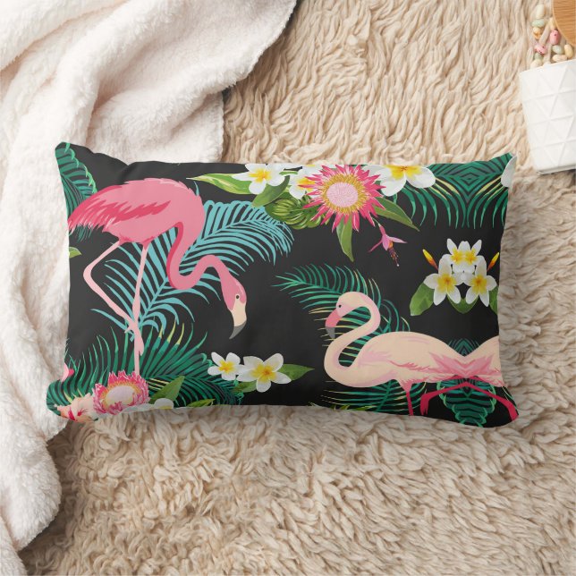 Tropical Birds Flowers Flamingo Watery Landscape Lumbar Pillow (Blanket)