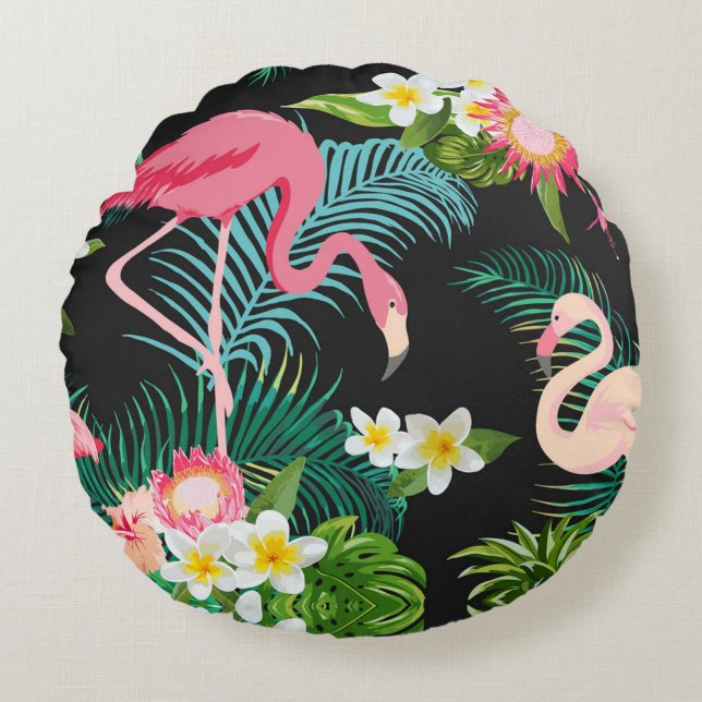 Tropical Birds Flowers Flamingo Watery Landscape Round Pillow (Front)