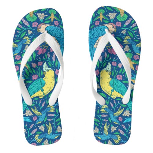 Tropical Birds  Flowers Illustration Pattern Flip Flops