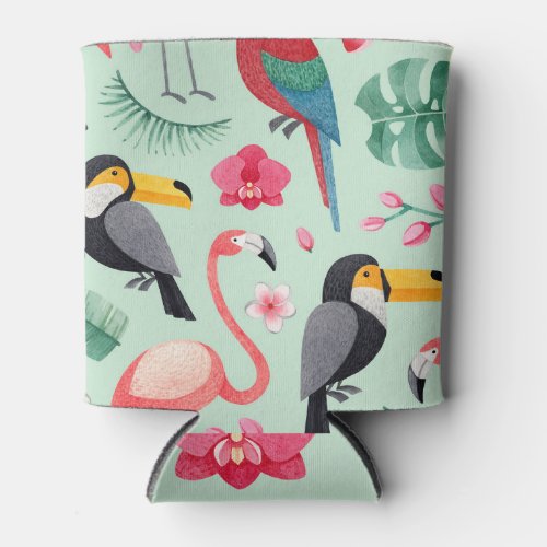 Tropical birds flowers watercolor pattern can cooler