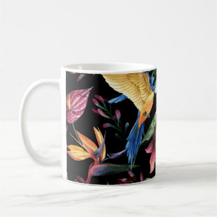 Tropical birds, flowers: watercolor pattern. coffee mug
