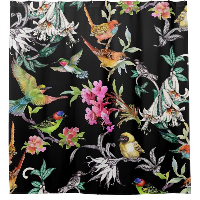 Tropical Birds Flowers: Watercolor Pattern Shower Curtain (Front)