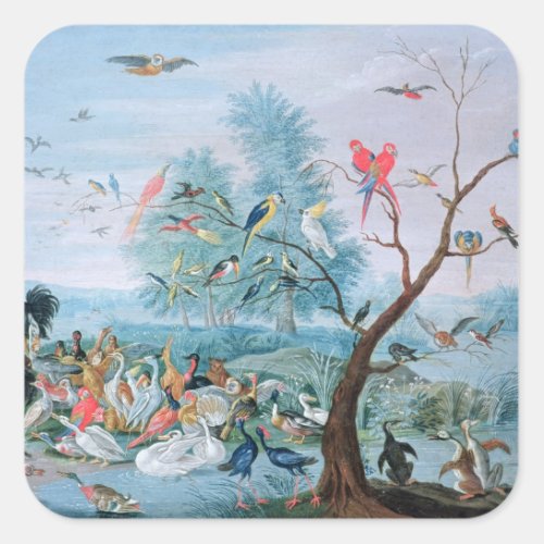 Tropical birds in a landscape square sticker