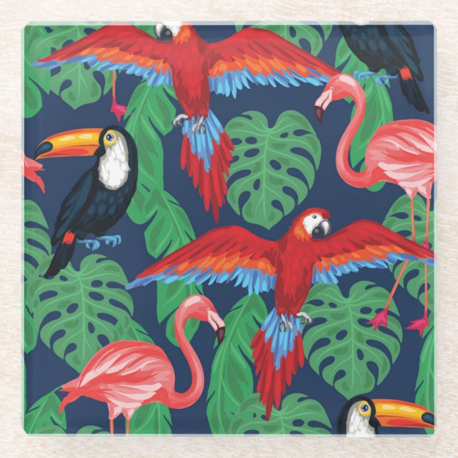 Tropical Birds In Bright Colors Glass Coaster (Front)